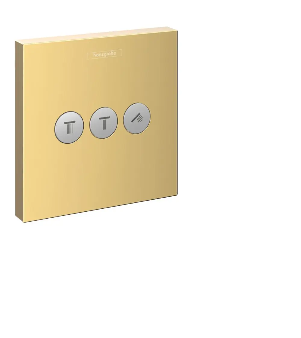 Hansgrohe Steuerungsfeld für Dusche mit drei Bedienelementen in polierter Gold-Optik auf einem rechteckigen, goldfarbenen Rahmen.